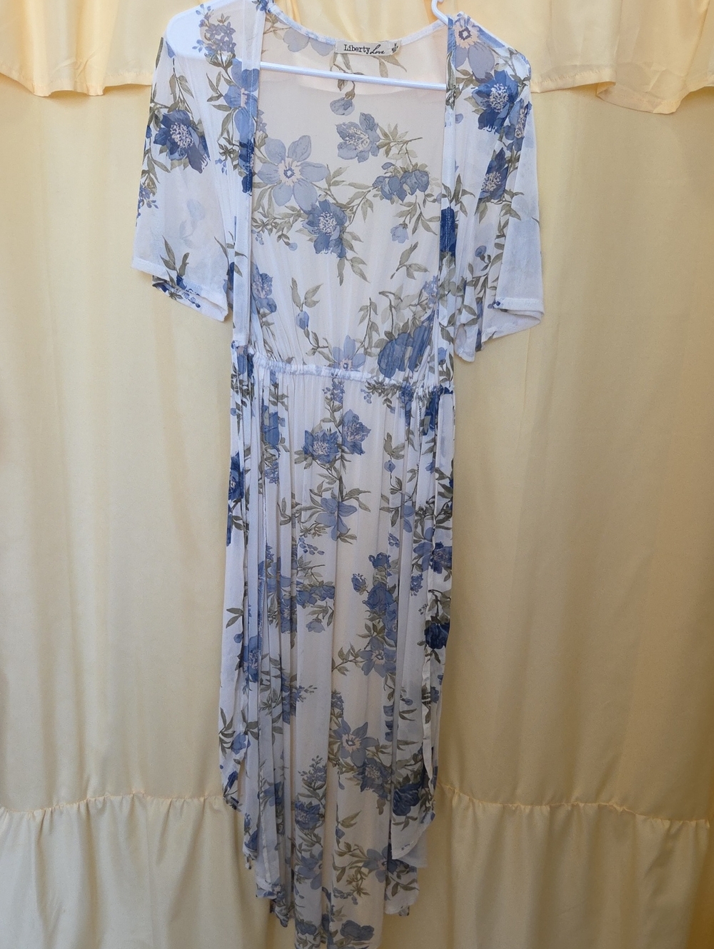 Liberty Love White Dress Kimono Coverall with Blue Floral Print